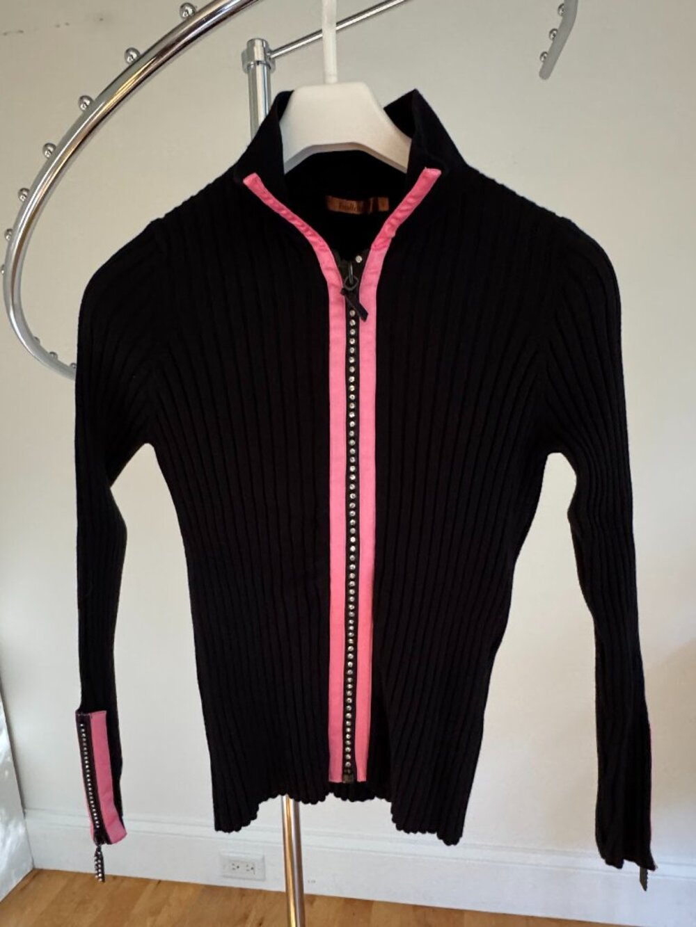 Belldini Black Pink Trim Rhinestone Zip Cardigan Sweater